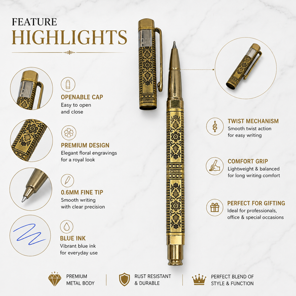 Ballpen Bazaar  Ballpen Bazaar Metallic Glossy Designer Gold Ball Pen with Designer Gold Cap & Gold Clip | Openable Mechanism | Blue Ink | 1 Pen + 1 Extra Refill with Name Engraving