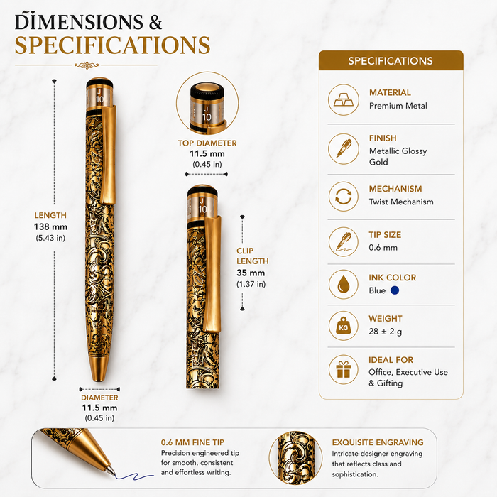 Ballpen Bazaar  Ballpen Bazaar Metallic Glossy Designer Gold Ball Pen with Gold Clip | Twist Mechanism | Black Ink | Premium Metal Writing Pen | 1 Pen with 1 Extra Black Refill | Pack of 1 with Name Engraving