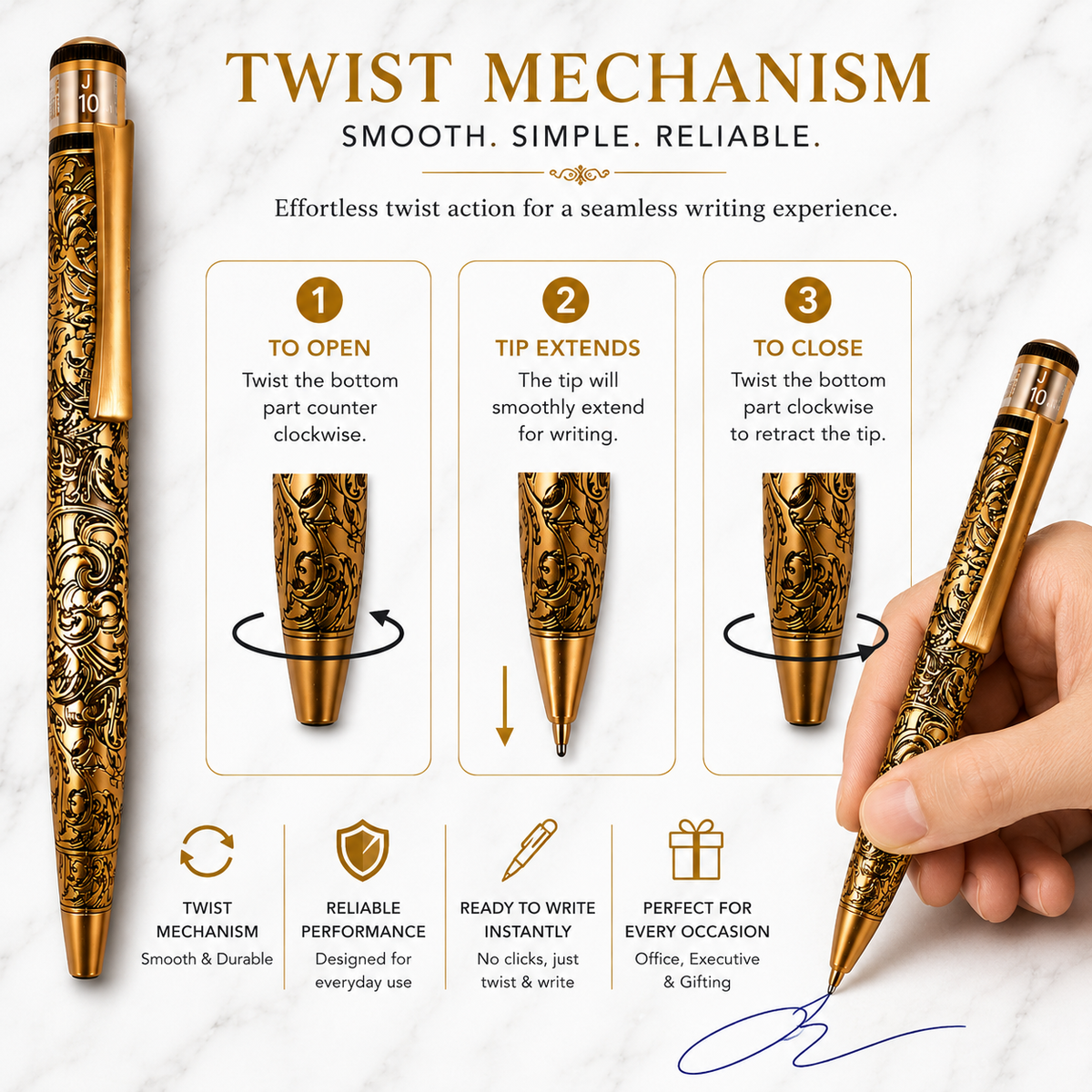 Ballpen Bazaar  Ballpen Bazaar Metallic Glossy Designer Gold Ball Pen with Gold Clip | Twist Mechanism | Black Ink | Premium Metal Writing Pen | 1 Pen with 1 Extra Black Refill | Pack of 1 with Name Engraving