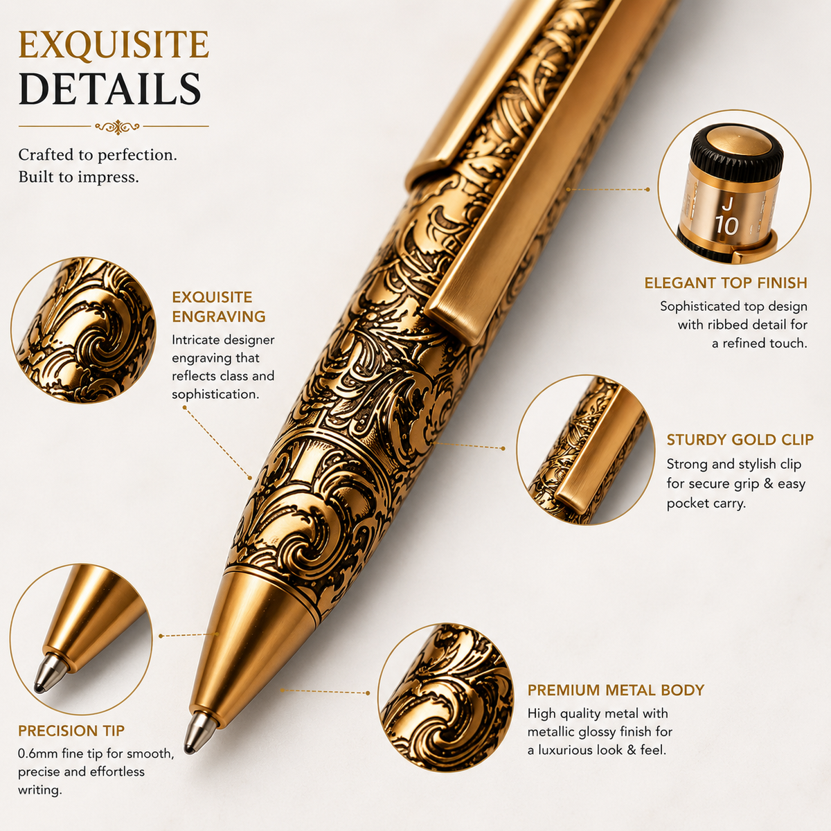 Ballpen Bazaar  Ballpen Bazaar Metallic Glossy Designer Gold Ball Pen with Gold Clip | Twist Mechanism | Black Ink | Premium Metal Writing Pen | 1 Pen with 1 Extra Black Refill | Pack of 1 with Name Engraving