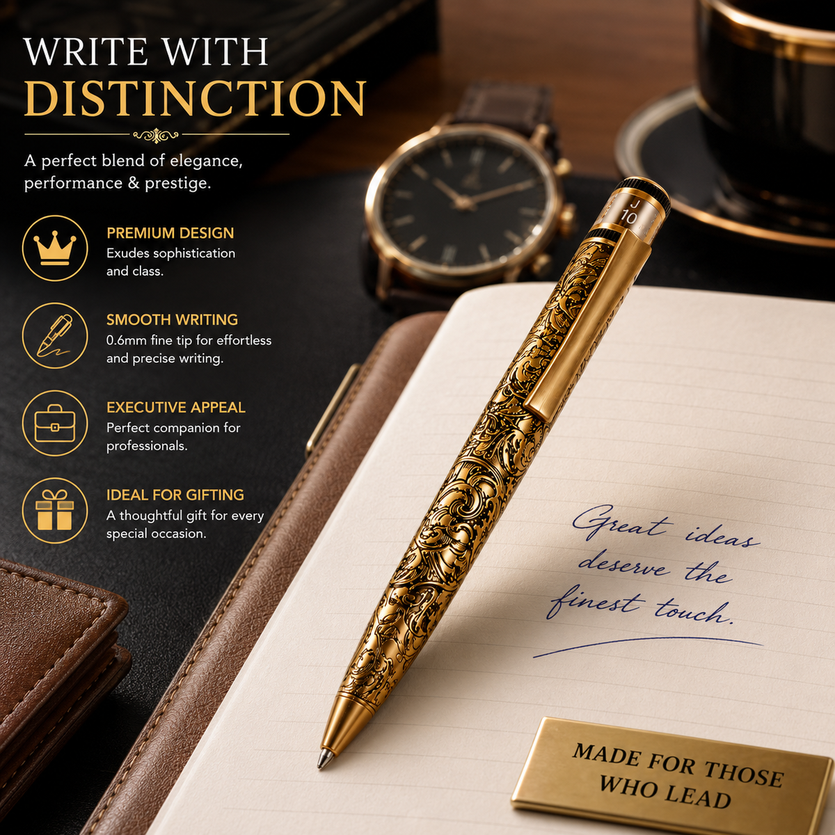 Ballpen Bazaar  Ballpen Bazaar Metallic Glossy Designer Gold Ball Pen with Gold Clip | Twist Mechanism | Black Ink | Premium Metal Writing Pen | 1 Pen with 1 Extra Black Refill | Pack of 1 with Name Engraving