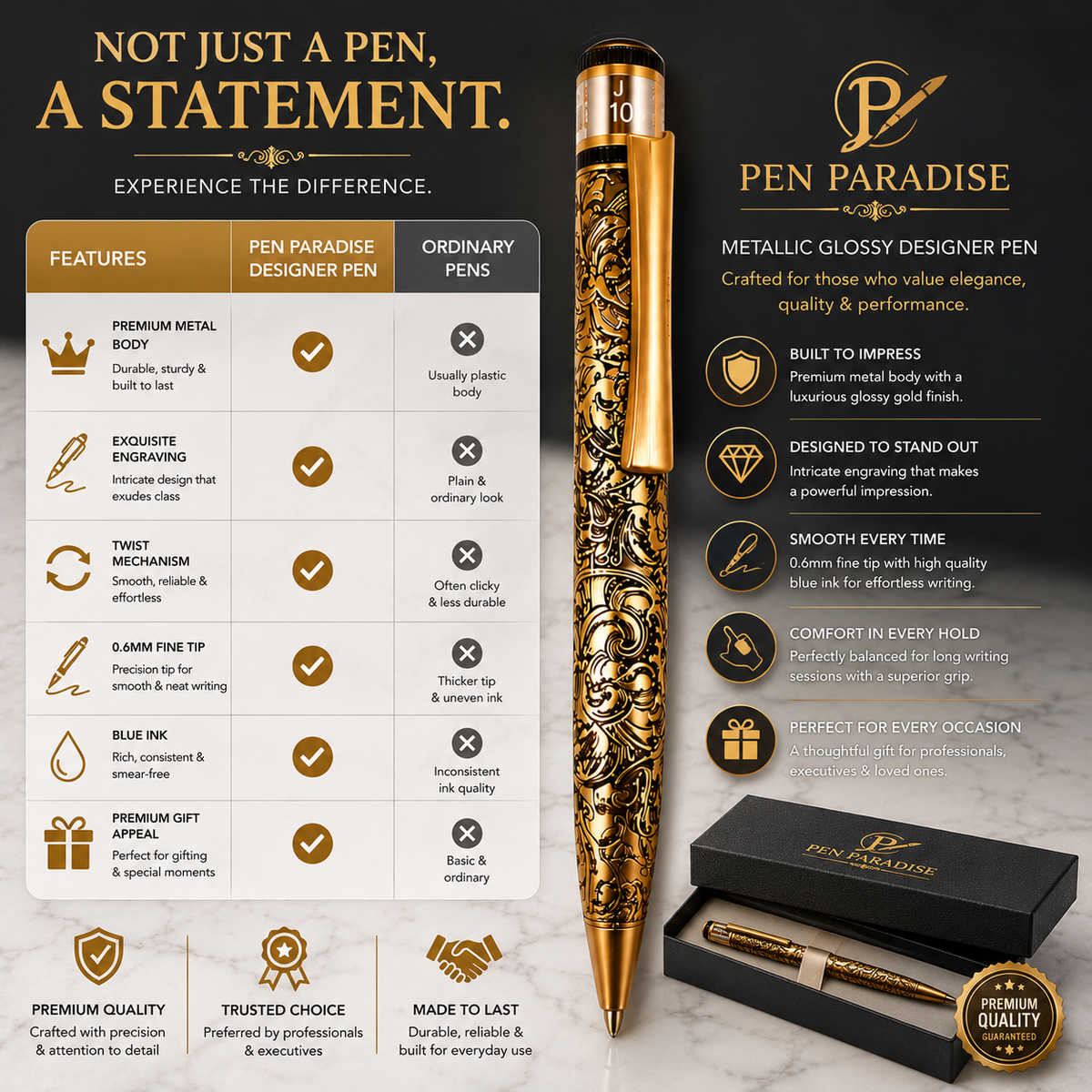 Ballpen Bazaar  Ballpen Bazaar Metallic Glossy Designer Gold Ball Pen with Gold Clip | Twist Mechanism | Black Ink | Premium Metal Writing Pen | 1 Pen with 1 Extra Black Refill | Pack of 1 with Name Engraving
