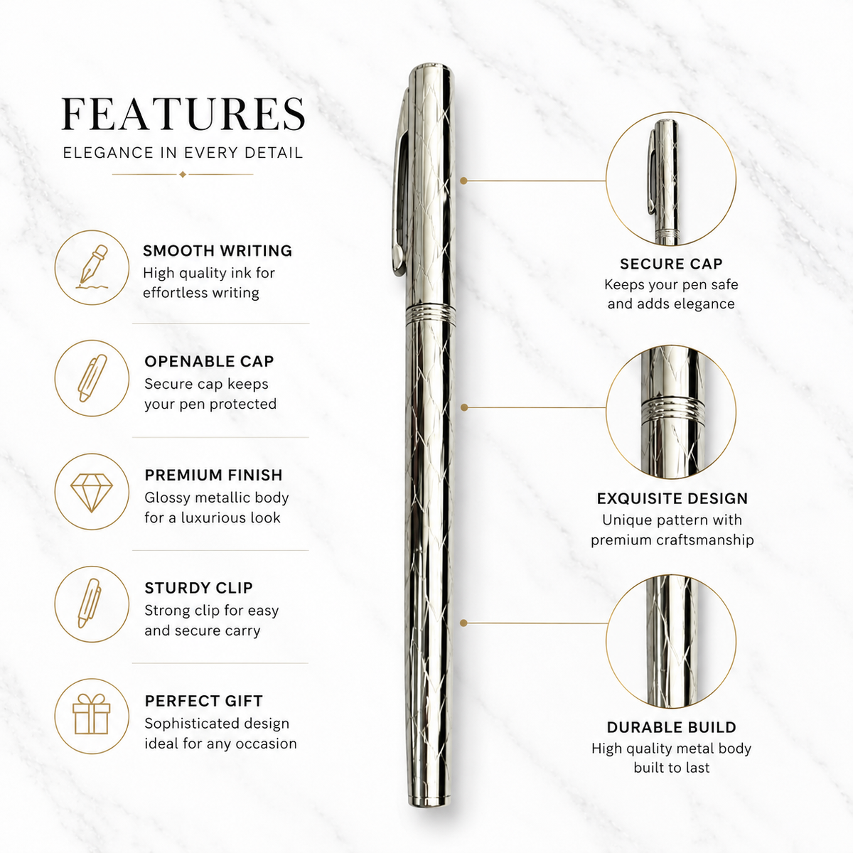 Ballpen Bazaar  Ballpen Bazaar Metallic Glossy Designer Silver Ball Pen with Designer Silver Cap | Openable Mechanism | Smooth Blue Ink | Premium Metal Writing Pen | 1 Pen with 1 Extra Blue Refill | Pack of 1 with Name Engraving