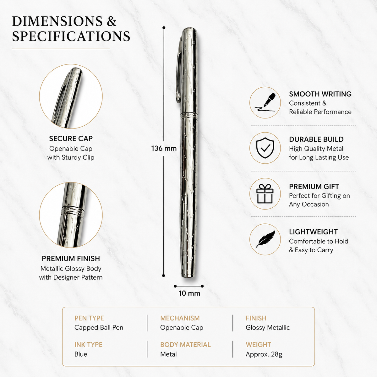 Ballpen Bazaar  Ballpen Bazaar Metallic Glossy Designer Silver Ball Pen with Designer Silver Cap | Openable Mechanism | Smooth Blue Ink | Premium Metal Writing Pen | 1 Pen with 1 Extra Blue Refill | Pack of 1 with Name Engraving