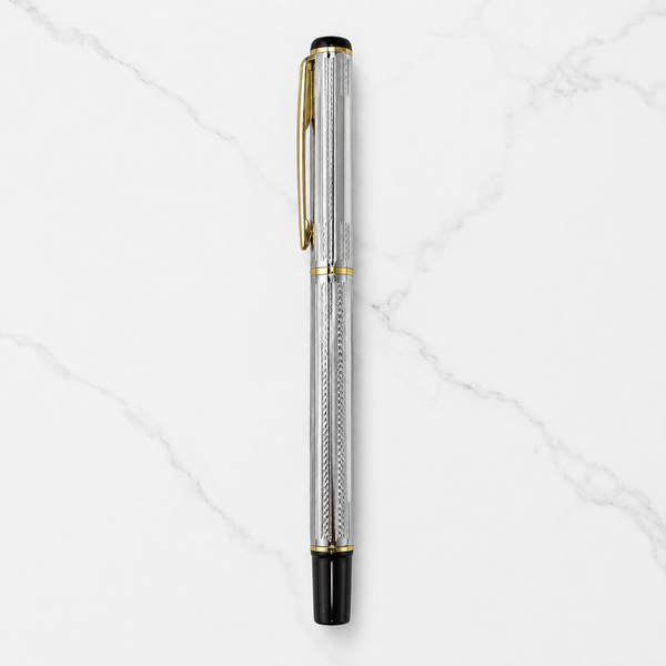 Ballpen Bazaar  Ballpen Bazaar Metallic Glossy Designer Silver Ball Pen with Silver Cap & Gold Clip | Openable Mechanism | Blue Ink | Premium Metal Pen | 1 Pen + 1 Extra Refill with Name Engraving