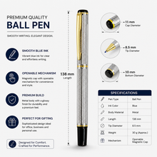 Ballpen Bazaar  Ballpen Bazaar Metallic Glossy Designer Silver Ball Pen with Silver Cap & Gold Clip | Openable Mechanism | Blue Ink | Premium Metal Pen | 1 Pen + 1 Extra Refill with Name Engraving