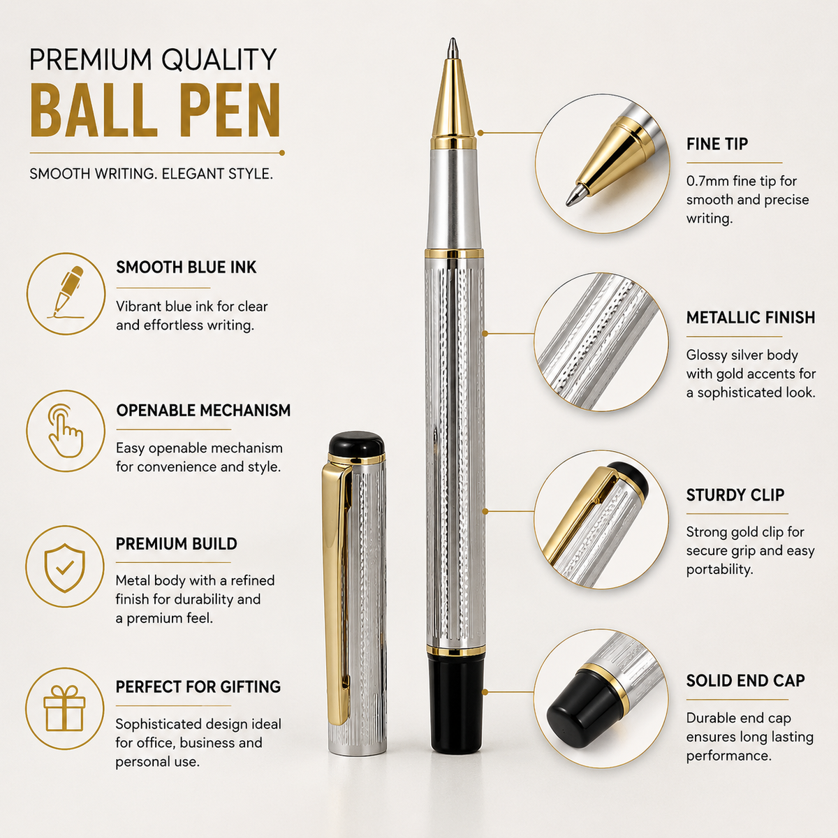 Ballpen Bazaar  Designer Silver Ball Pen with Silver Cap & Gold Clip | Openable | Blue Ink with Name Engraving