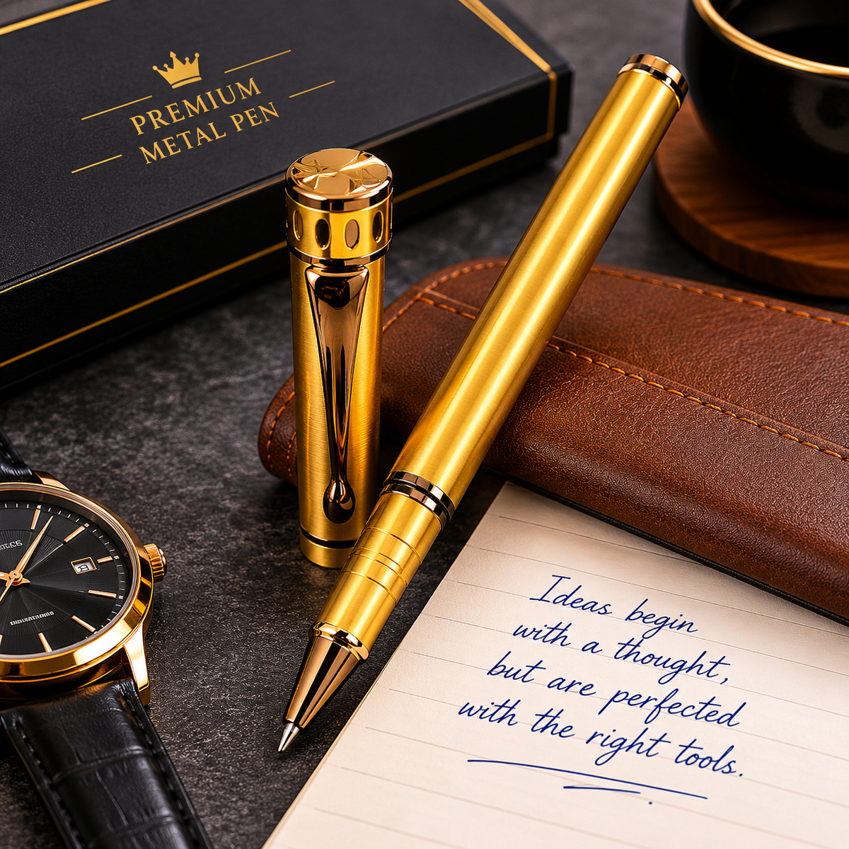 Ballpen Bazaar  Ballpen Bazaar Metallic Glossy Full Gold Ball Pen with Brown Designer Cap | Openable Metal Ball Pen | Blue Ink | 1 Pen with 1 Extra Blue Refill with Name Engraving