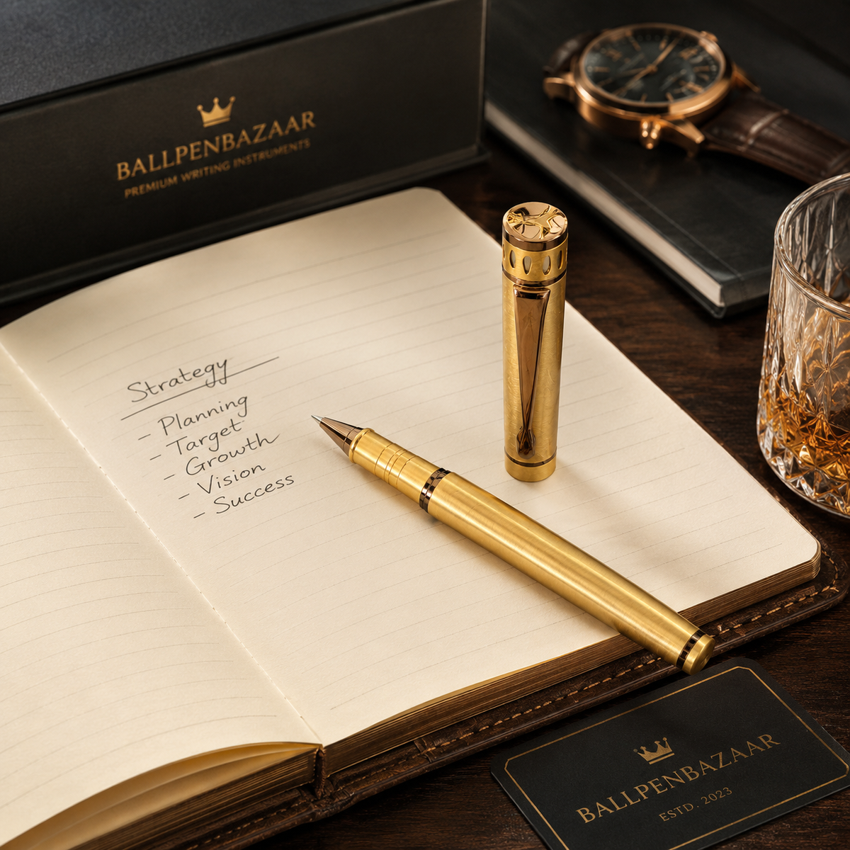 Ballpen Bazaar  Ballpen Bazaar Metallic Glossy Full Gold Ball Pen with Brown Designer Cap | Openable Metal Ball Pen | Blue Ink | 1 Pen with 1 Extra Blue Refill with Name Engraving