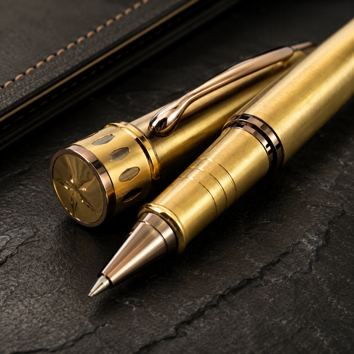 Ballpen Bazaar  Ballpen Bazaar Metallic Glossy Full Gold Ball Pen with Brown Designer Cap | Openable Metal Ball Pen | Blue Ink | 1 Pen with 1 Extra Blue Refill with Name Engraving