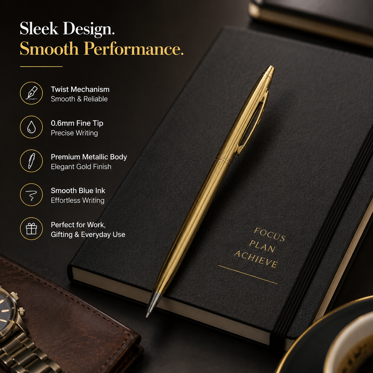 Ballpen Bazaar  Ballpen Bazaar Metallic Glossy Full Gold Colour Twist Ball Pen with Gold Clip | Premium Metal Body | Blue Ink | 1 Pen with 1 Extra Blue Refill with Name Engraving