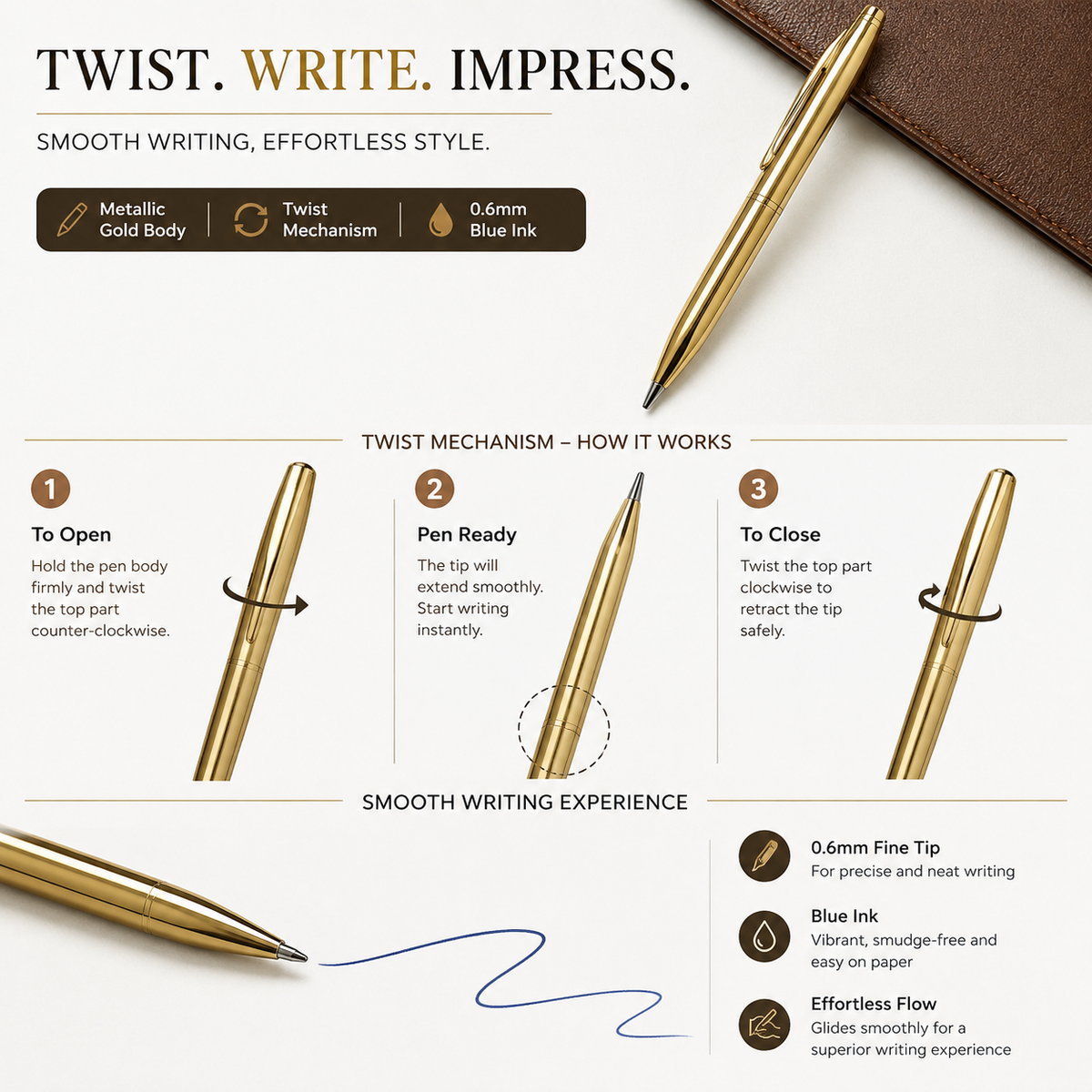Ballpen Bazaar  Ballpen Bazaar Metallic Glossy Full Gold Colour Twist Ball Pen with Gold Clip | Premium Metal Body | Blue Ink | 1 Pen with 1 Extra Blue Refill with Name Engraving