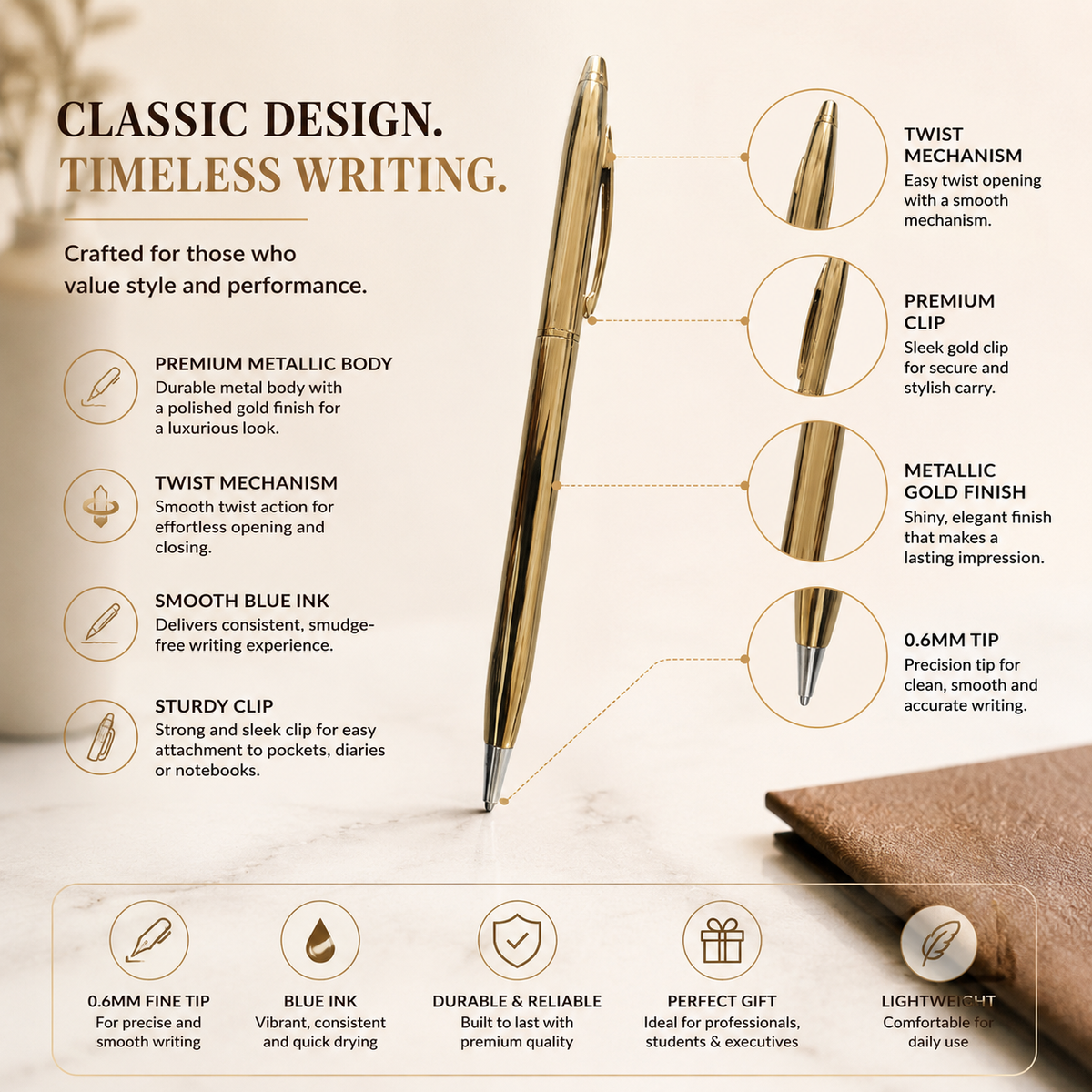 Ballpen Bazaar  Ballpen Bazaar Metallic Glossy Full Gold Colour Twist Ball Pen with Gold Clip | Premium Metal Body | Blue Ink | 1 Pen with 1 Extra Blue Refill with Name Engraving