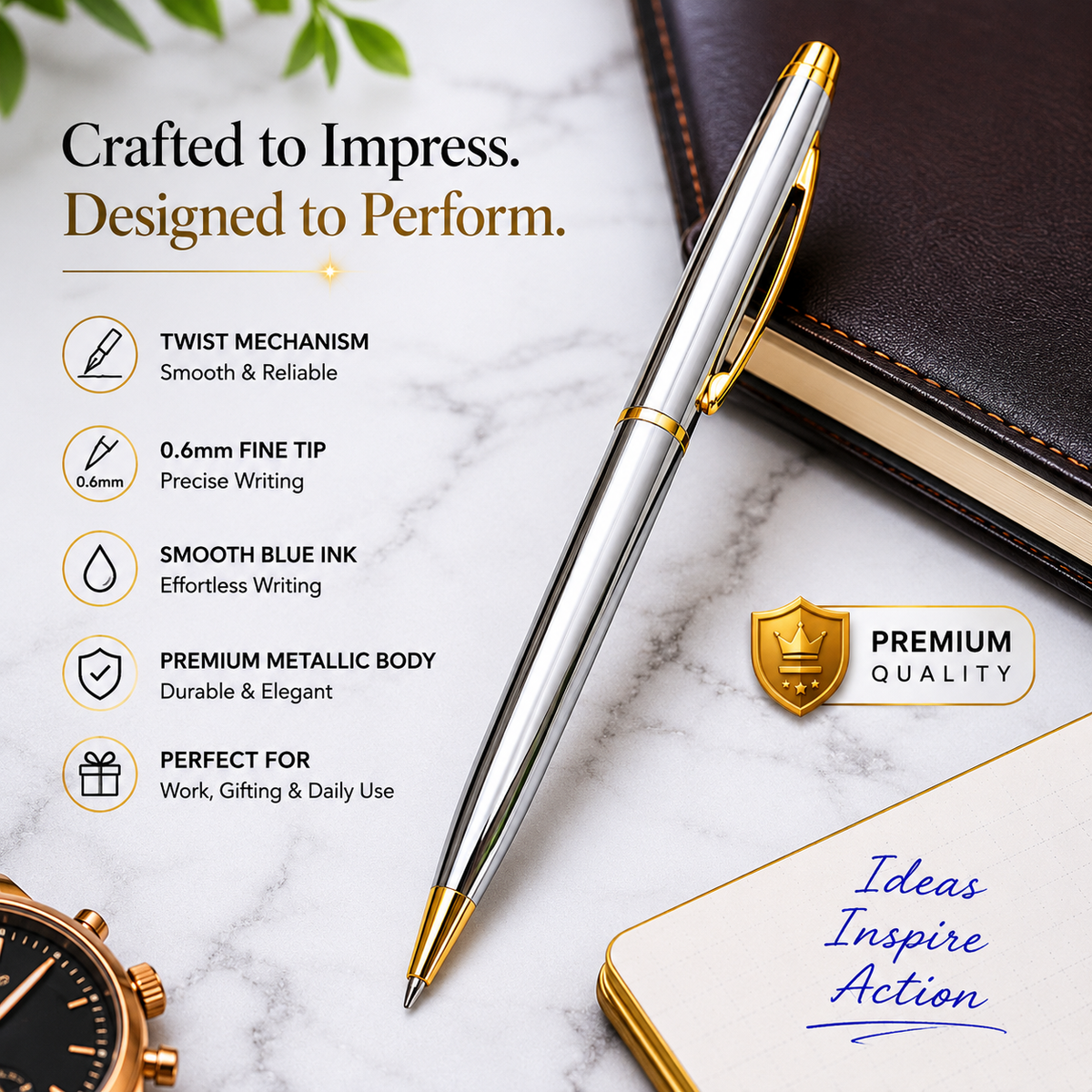 Ballpen Bazaar  Ballpen Bazaar Metallic Glossy Full Silver Ball Pen with Gold Clip | Twist Mechanism | Blue Ink | Premium Metal Pen with Extra Refill | Pack of 1 with Name Engraving