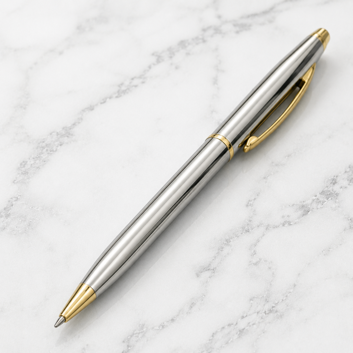 Ballpen Bazaar  Ballpen Bazaar Metallic Glossy Full Silver Ball Pen with Gold Clip | Twist Mechanism | Blue Ink | Premium Metal Pen with Extra Refill | Pack of 1 with Name Engraving