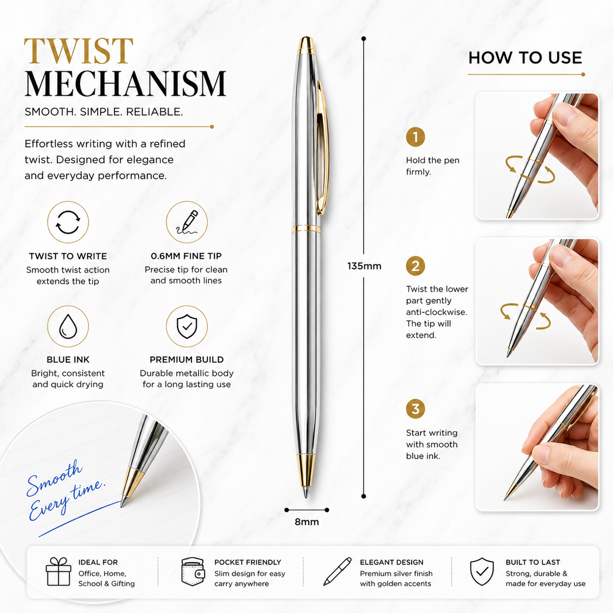 Ballpen Bazaar  Ballpen Bazaar Metallic Glossy Full Silver Ball Pen with Gold Clip | Twist Mechanism | Blue Ink | Premium Metal Pen with Extra Refill | Pack of 1 with Name Engraving