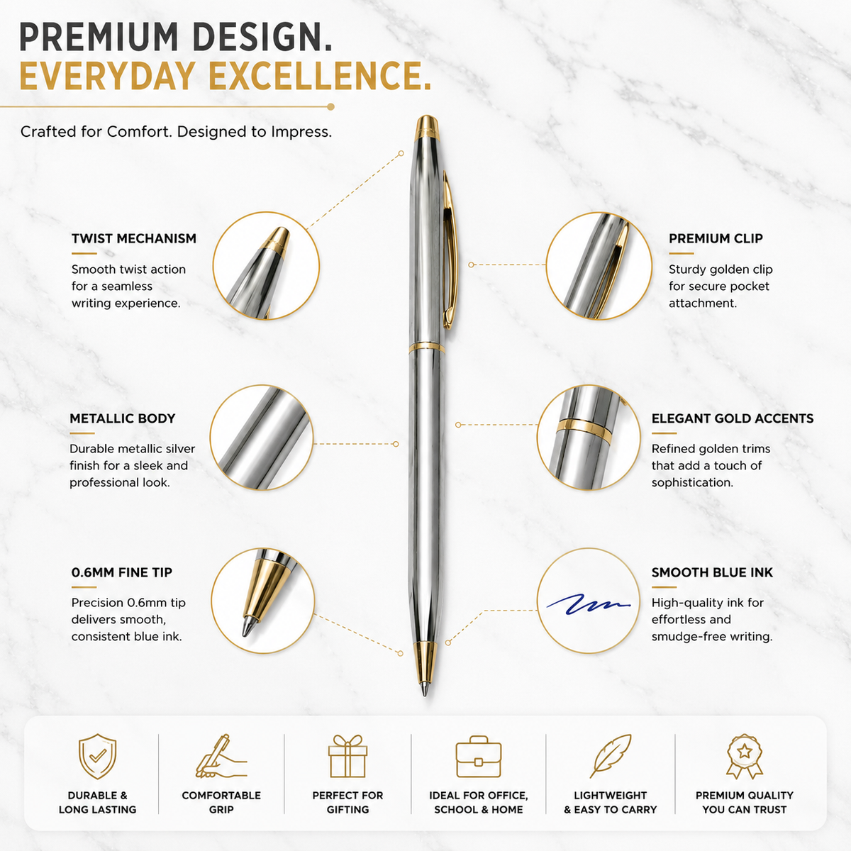 Ballpen Bazaar  Ballpen Bazaar Metallic Glossy Full Silver Ball Pen with Gold Clip | Twist Mechanism | Blue Ink | Premium Metal Pen with Extra Refill | Pack of 1 with Name Engraving