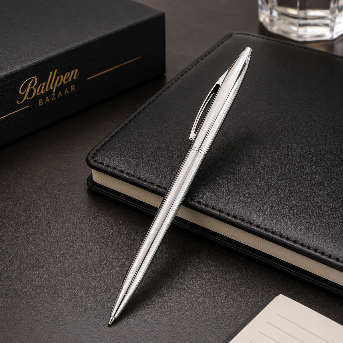 Ballpen Bazaar  Ballpen Bazaar Metallic Glossy Full Silver Colour Body Ball Pen with Silver Clip | Twist Mechanism | Blue Ink | Premium Metal Pen | 1 Pen with 1 Refill and 1 Free Cross Type Blue Ink Refill with Name Engraving