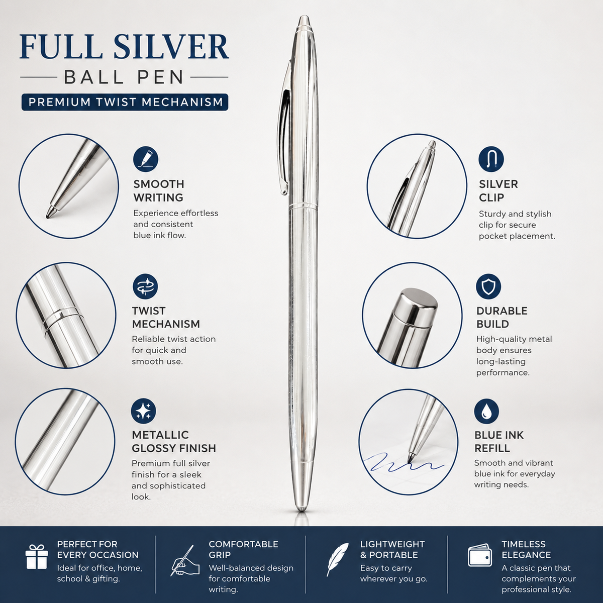 Ballpen Bazaar  Ballpen Bazaar Metallic Glossy Full Silver Colour Body Ball Pen with Silver Clip | Twist Mechanism | Blue Ink | Premium Metal Pen | 1 Pen with 1 Refill and 1 Free Cross Type Blue Ink Refill with Name Engraving