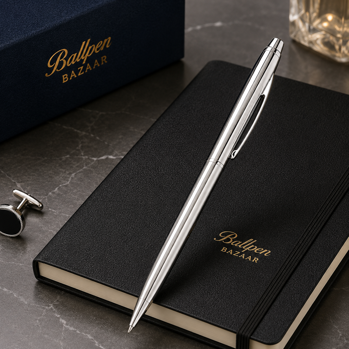 Ballpen Bazaar  Ballpen Bazaar Metallic Glossy Full Silver Colour Body Ball Pen with Silver Clip | Twist Mechanism | Blue Ink | Premium Metal Pen | 1 Pen with 1 Refill and 1 Free Cross Type Blue Ink Refill with Name Engraving
