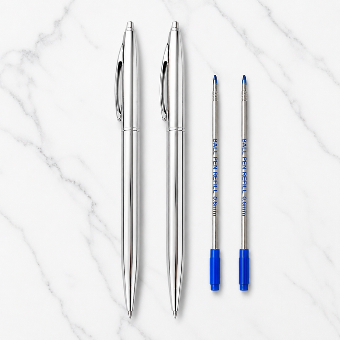 Ballpen Bazaar  Ballpen Bazaar Metallic Glossy Full Silver Colour Body Ball Pen with Silver Colour Clip | Twist Mechanism | Blue Ink | Premium Metal Pen | Free 2 Cross Type Refills | Pack of 2 with Name Engraving