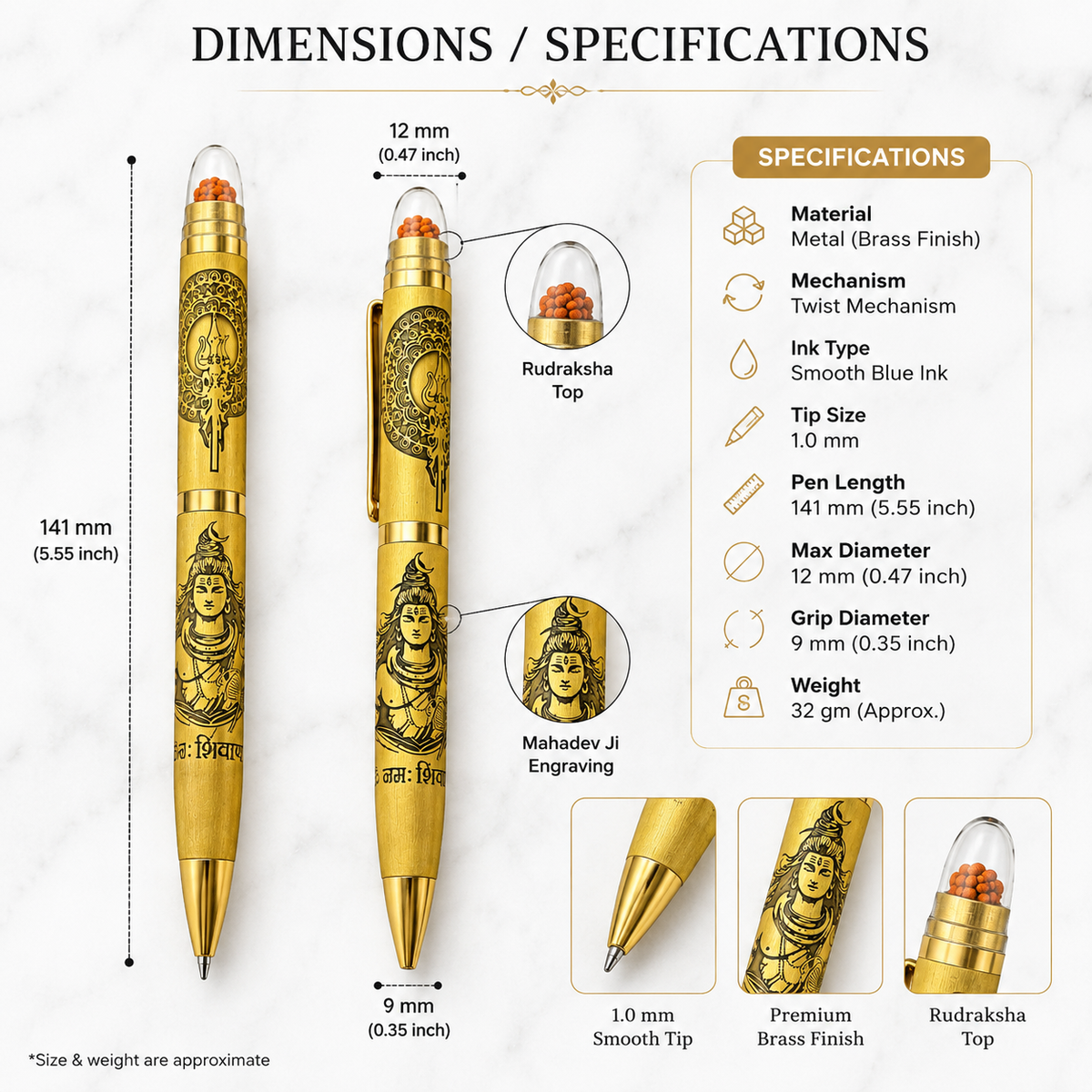 Ballpen Bazaar  Ballpen Bazaar Metallic Glossy Gold Ball Pen with Shiv Ji Engraving & Rudraksh Top | Premium Twist Mechanism | Blue Ink | 1 Pen with 1 Extra Refill with Name Engraving