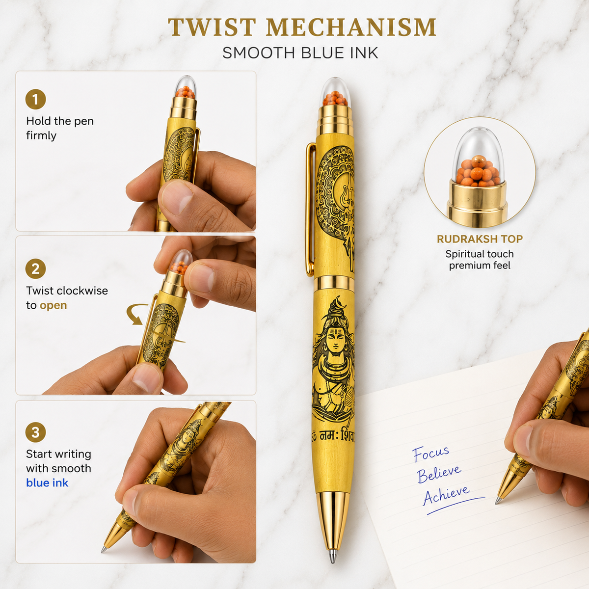 Ballpen Bazaar  Ballpen Bazaar Metallic Glossy Gold Ball Pen with Shiv Ji Engraving & Rudraksh Top | Premium Twist Mechanism | Blue Ink | 1 Pen with 1 Extra Refill with Name Engraving
