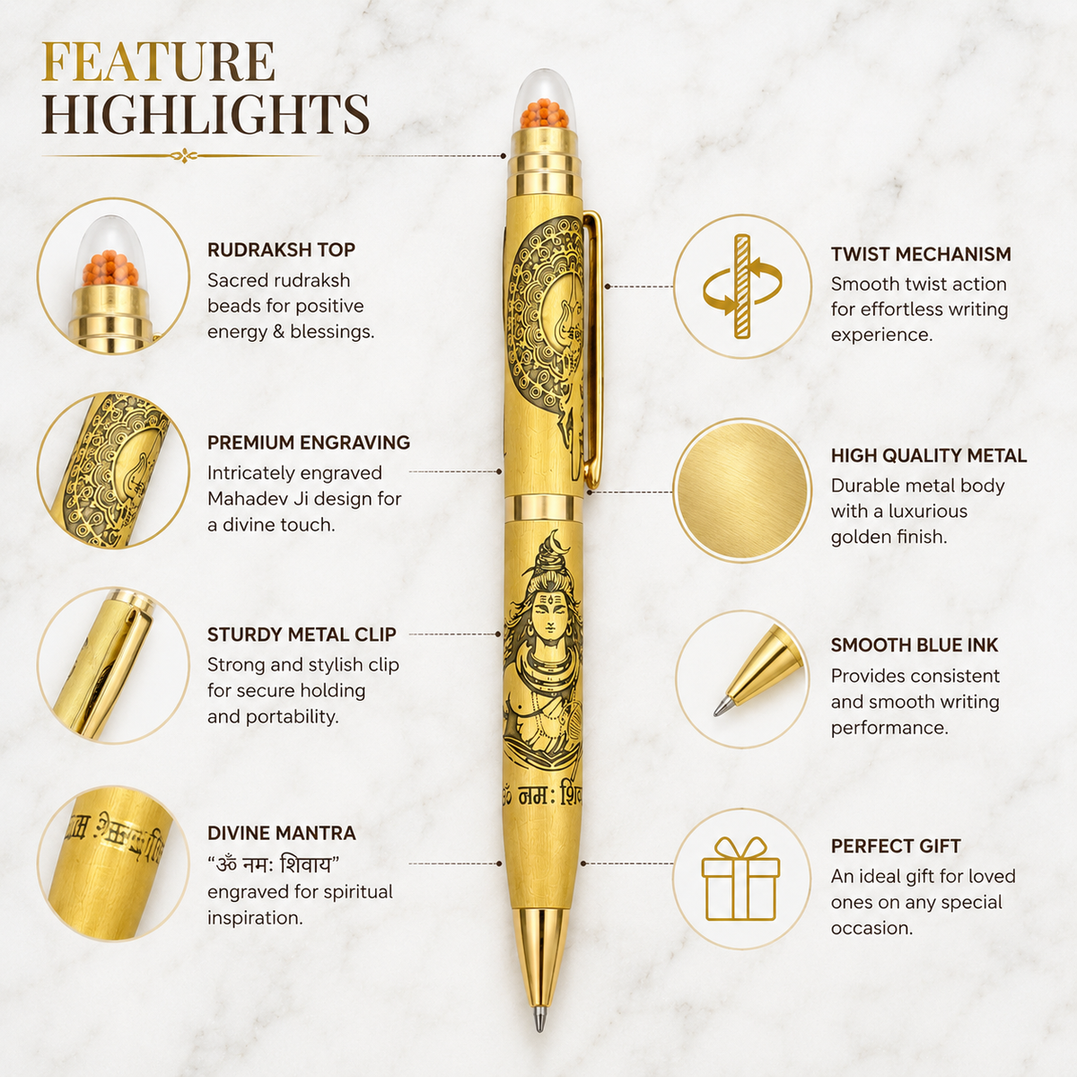 Ballpen Bazaar  Ballpen Bazaar Metallic Glossy Gold Ball Pen with Shiv Ji Engraving & Rudraksh Top | Premium Twist Mechanism | Blue Ink | 1 Pen with 1 Extra Refill with Name Engraving