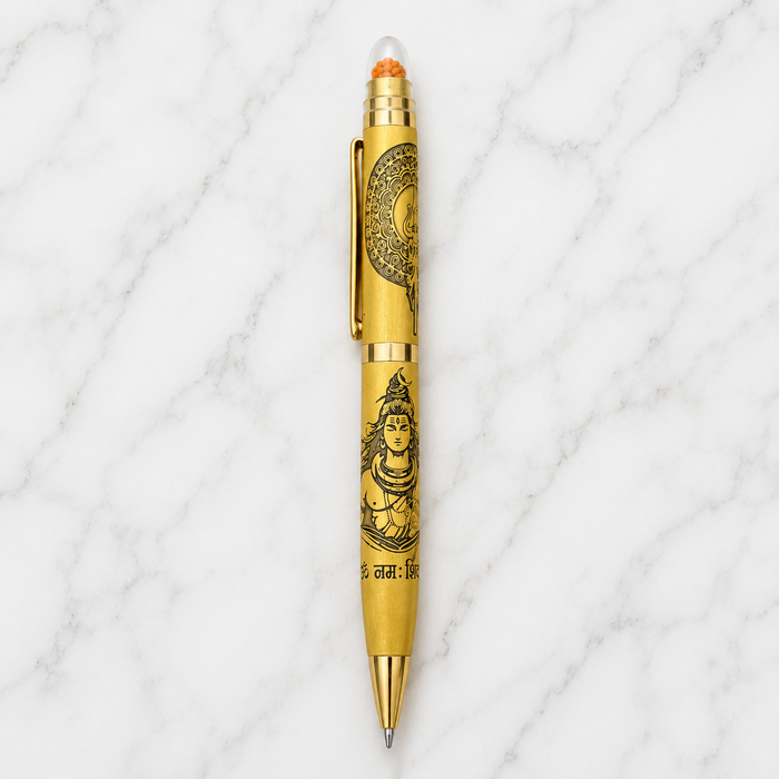 Ballpen Bazaar  Ballpen Bazaar Metallic Glossy Gold Ball Pen with Shiv Ji Engraving & Rudraksh Top | Premium Twist Mechanism | Blue Ink | 1 Pen with 1 Extra Refill with Name Engraving