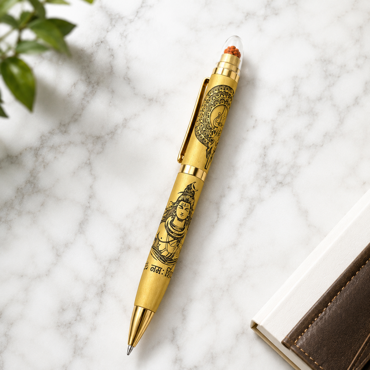 Ballpen Bazaar  Ballpen Bazaar Metallic Glossy Gold Ball Pen with Shiv Ji Engraving & Rudraksh Top | Premium Twist Mechanism | Blue Ink | 1 Pen with 1 Extra Refill with Name Engraving