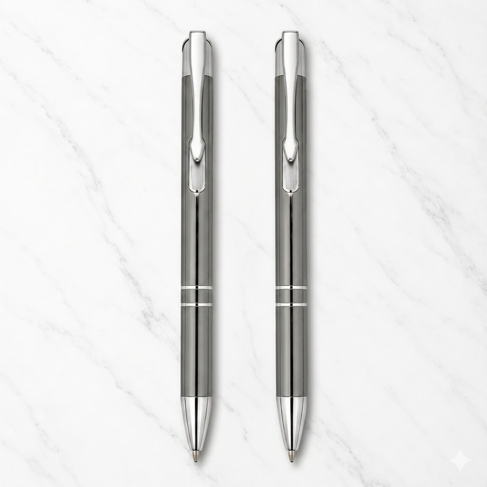 Ballpen Bazaar  Ballpen Bazaar Metallic Glossy Gray Ball Pen Set of 2 with Silver Clip | Click Mechanism | Blue Ink | Includes 2 Extra Free Refills | Premium Metal Pens for Office, School, Business & Gifting with Name Engraving