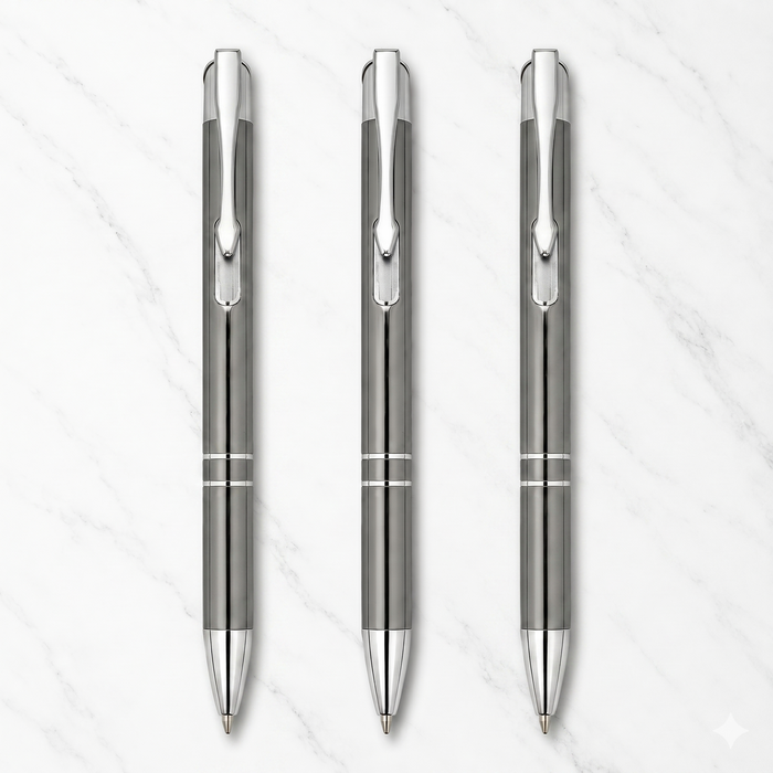 Ballpen Bazaar  Ballpen Bazaar Metallic Glossy Gray Ball Pen Set of 3 with Silver Clip | Click Mechanism | Blue Ink | Includes 3 Extra Refills | Premium Metal Pens for Office, School, Business & Gifting with Name Engraving