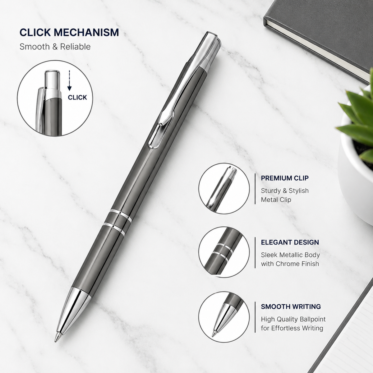 Ballpen Bazaar  Ballpen Bazaar Metallic Glossy Gray Ball Pen Set of 3 with Silver Clip | Click Mechanism | Blue Ink | Includes 3 Extra Refills | Premium Metal Pens for Office, School, Business & Gifting with Name Engraving
