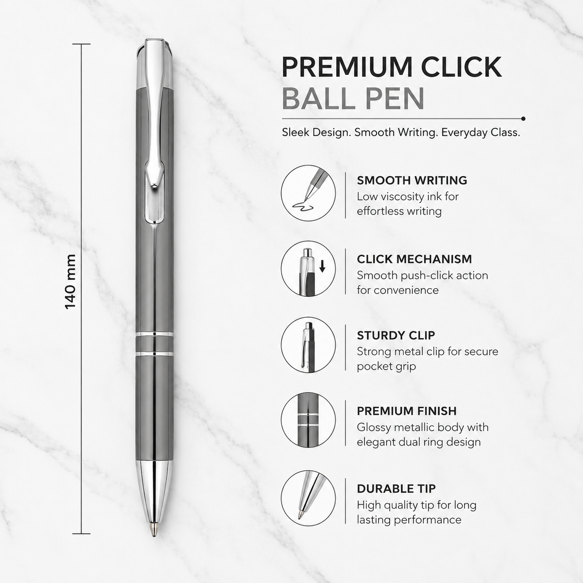 Ballpen Bazaar  Ballpen Bazaar Metallic Glossy Gray Ball Pen Set of 3 with Silver Clip | Click Mechanism | Blue Ink | Includes 3 Extra Refills | Premium Metal Pens for Office, School, Business & Gifting with Name Engraving