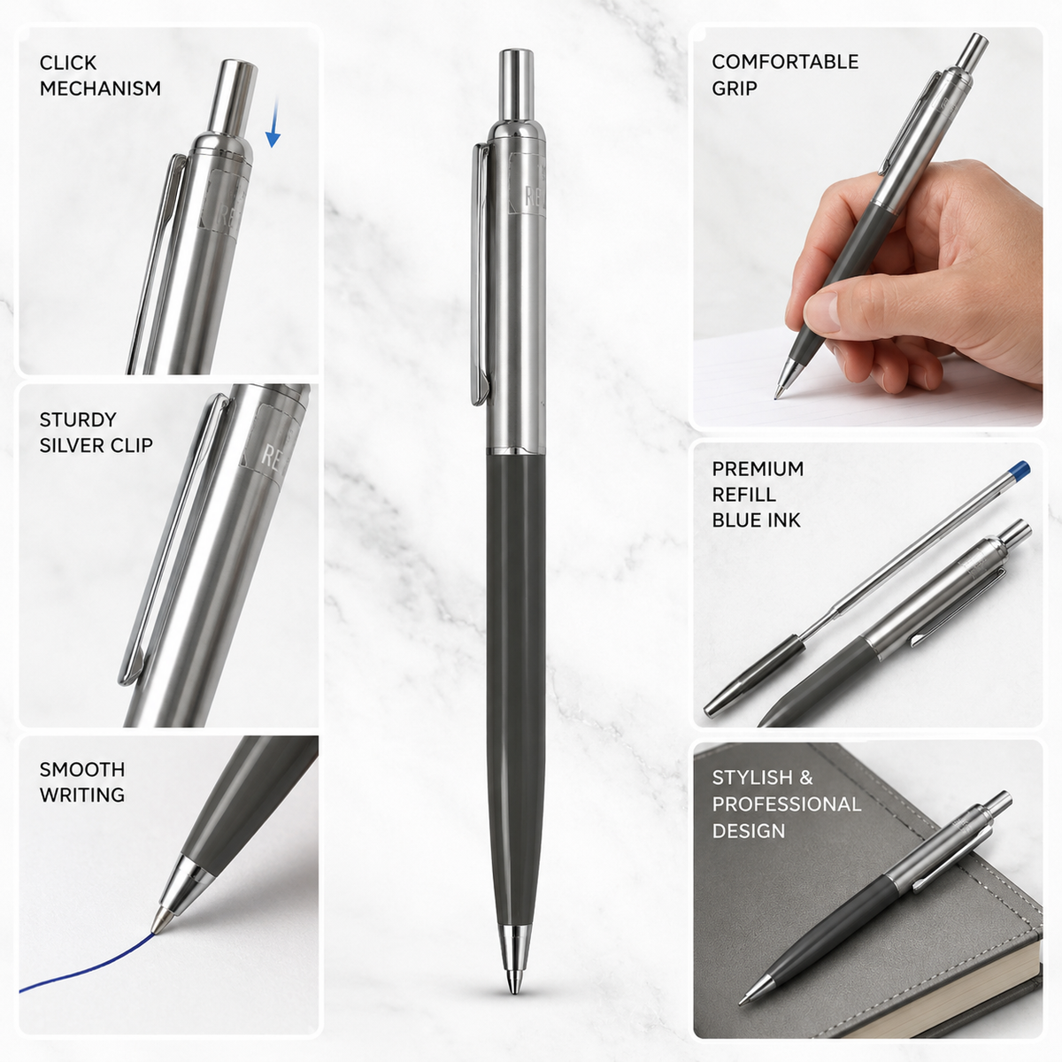 Ballpen Bazaar  Ballpen Bazaar Metallic Glossy Gray & Silver Dual Colour Ball Pen with Silver Clip | Click Mechanism | Blue Ink | Premium Metal Pen | 1 Pen with 1 Extra Refill with Name Engraving