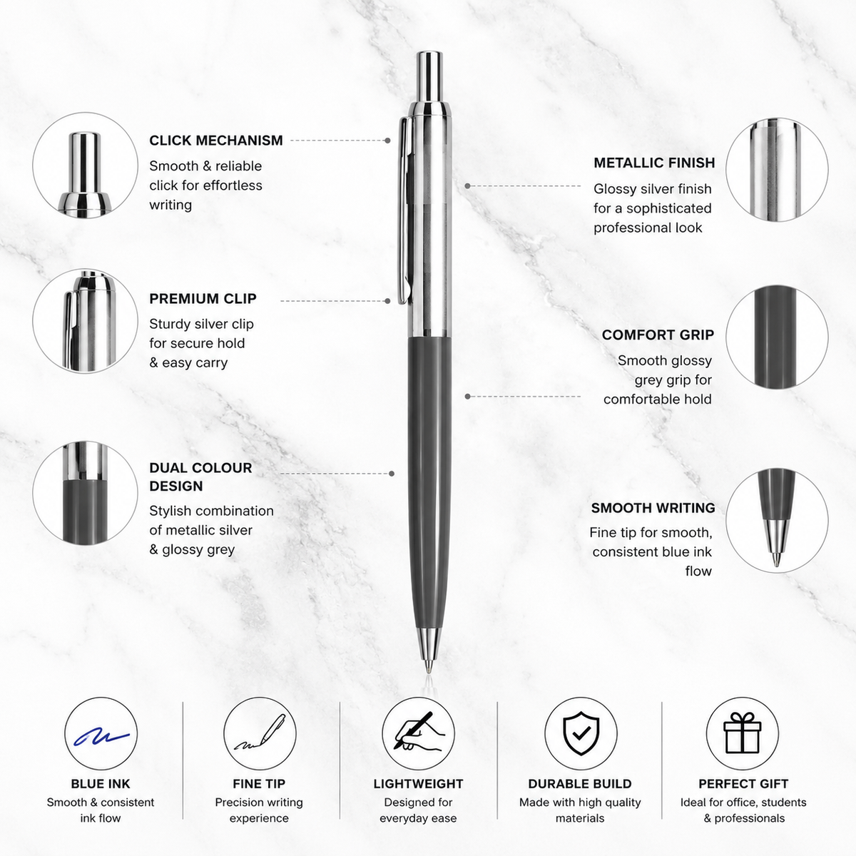 Ballpen Bazaar  Ballpen Bazaar Metallic Glossy Gray & Silver Dual Colour Ball Pen with Silver Clip | Click Mechanism | Blue Ink | Premium Metal Pen | 1 Pen with 1 Extra Refill with Name Engraving