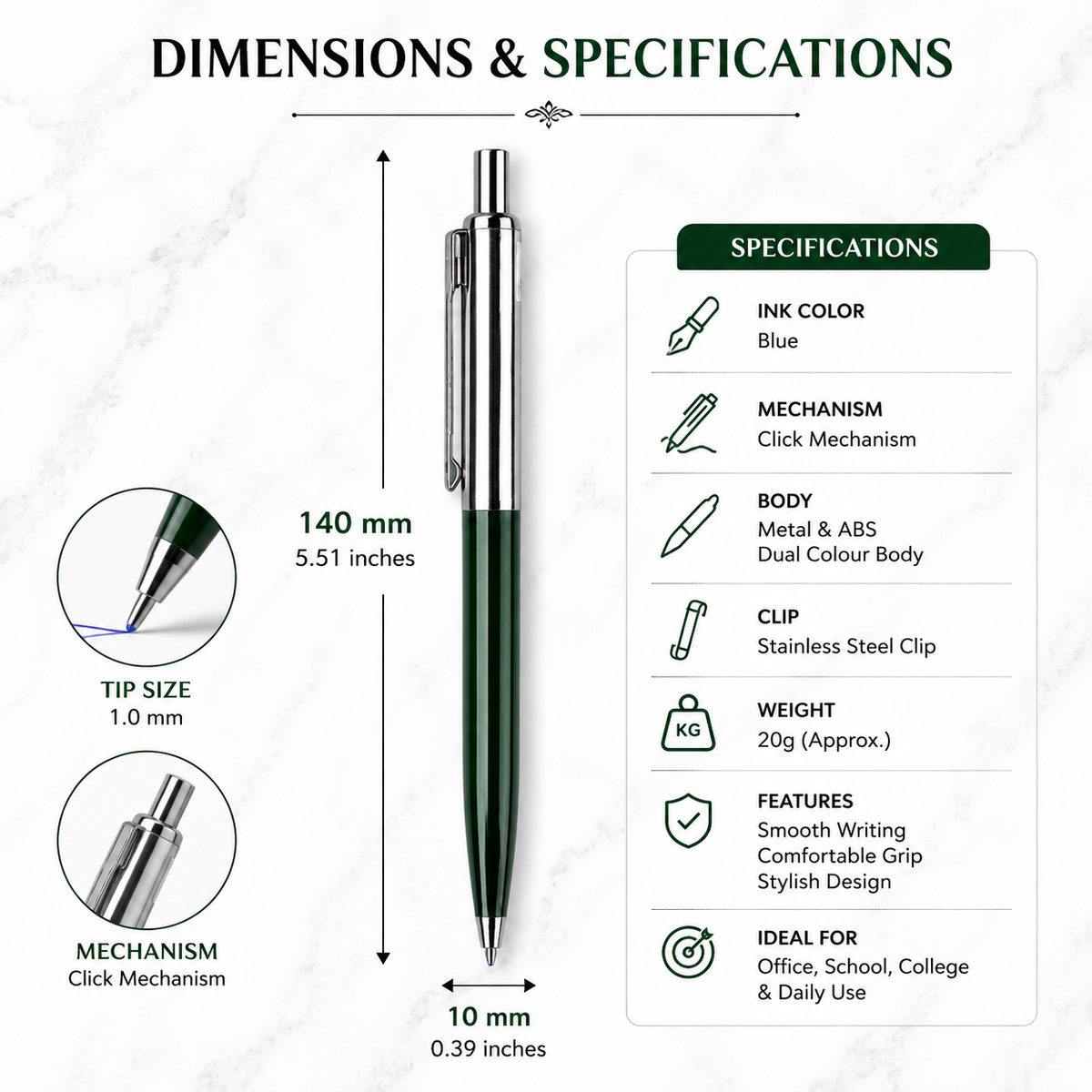 Ballpen Bazaar  Ballpen Bazaar Metallic Glossy Green & Silver Dual Colour Ball Pen with Silver Clip | Click Mechanism | Blue Ink | Premium Metal Pen | 1 Pen with 1 Extra Refill with Name Engraving