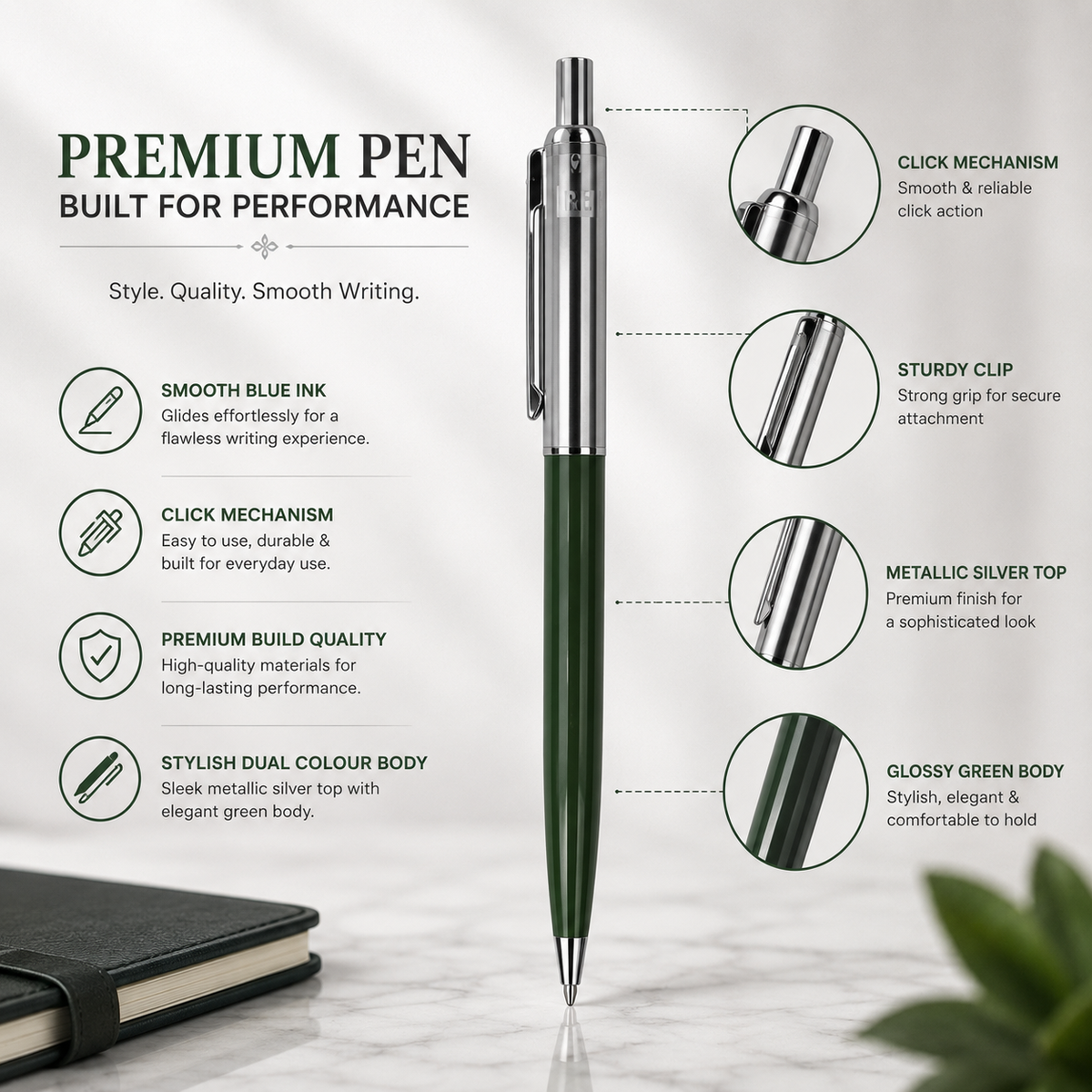 Ballpen Bazaar  Ballpen Bazaar Metallic Glossy Green & Silver Dual Colour Ball Pen with Silver Clip | Click Mechanism | Blue Ink | Premium Metal Pen | 1 Pen with 1 Extra Refill with Name Engraving