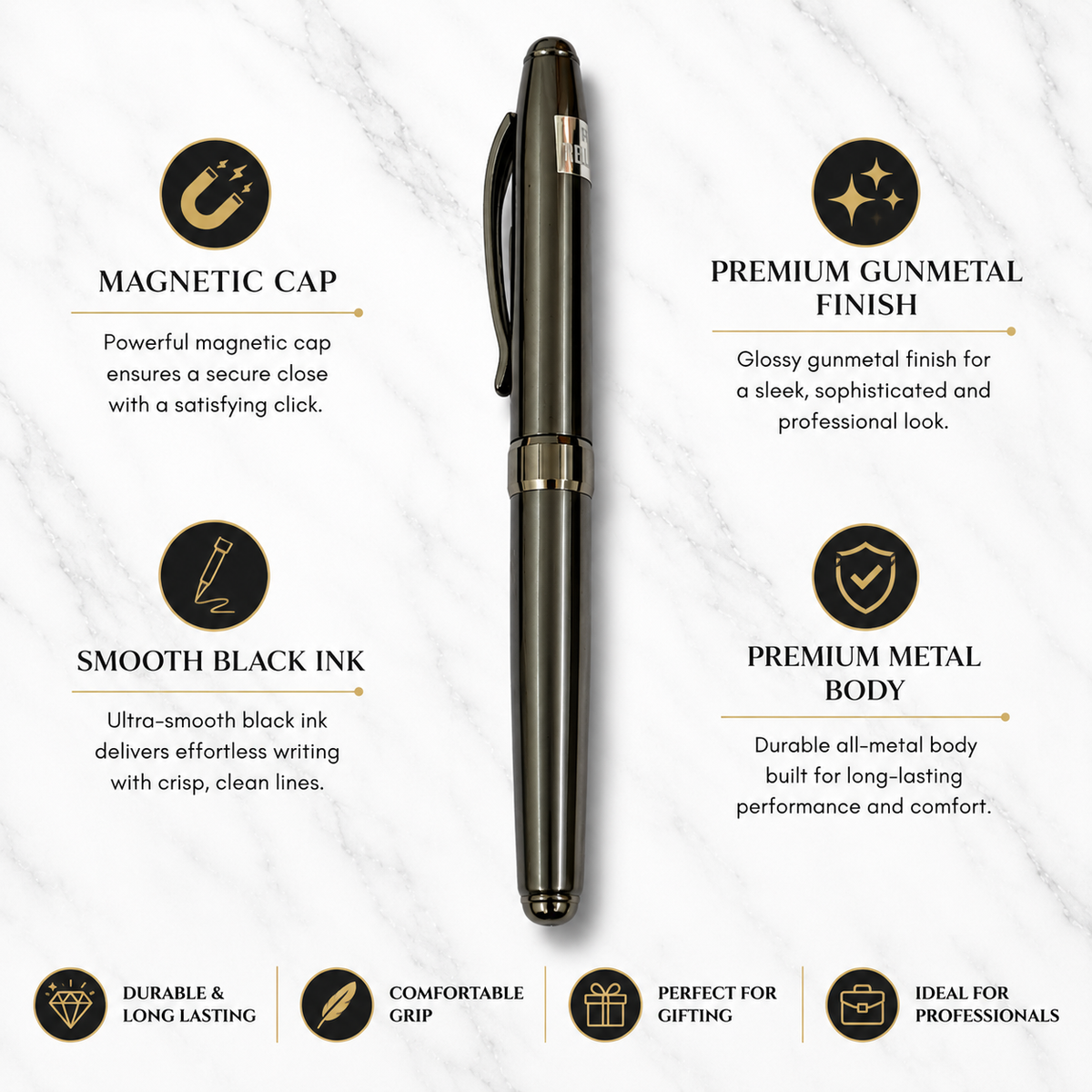 Ballpen Bazaar  Ballpen Bazaar Metallic Glossy Gunmetal Ball Pen with Gunmetal Magnetic Cap | Openable Executive Metal Pen | Blue Ink | 1 Free Refill | 1 Pc with Name Engraving