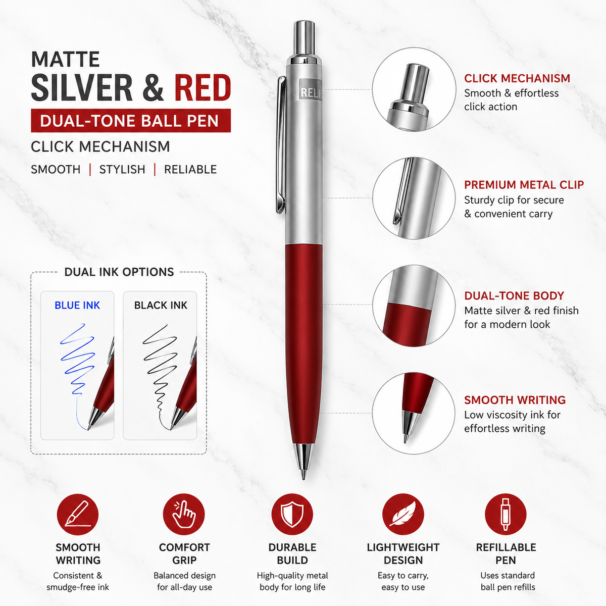 Ballpen Bazaar  Ballpen Bazaar Metallic Glossy Maroon & Silver Dual Colour Ball Pen with Silver Clip | Click Mechanism | Blue Ink | Premium Metal Pen | 1 Pen with 1 Extra Refill with Name Engraving