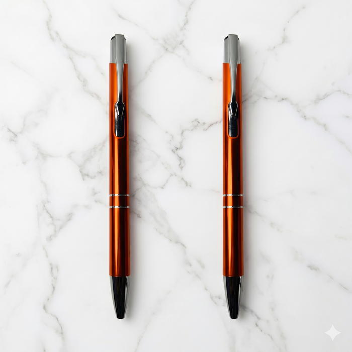 Ballpen Bazaar  Ballpen Bazaar Metallic Glossy Orange Ball Pen Set of 2 with Silver Clip Click Mechanism Blue Ink | Includes 2 Extra Refills with Name Engraving