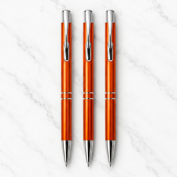 Ballpen Bazaar  Ballpen Bazaar Metallic Glossy Orange Ball Pen Set of 3 with Silver Clip Click Mechanism Blue Ink + 3 Extra Refills with Name Engraving