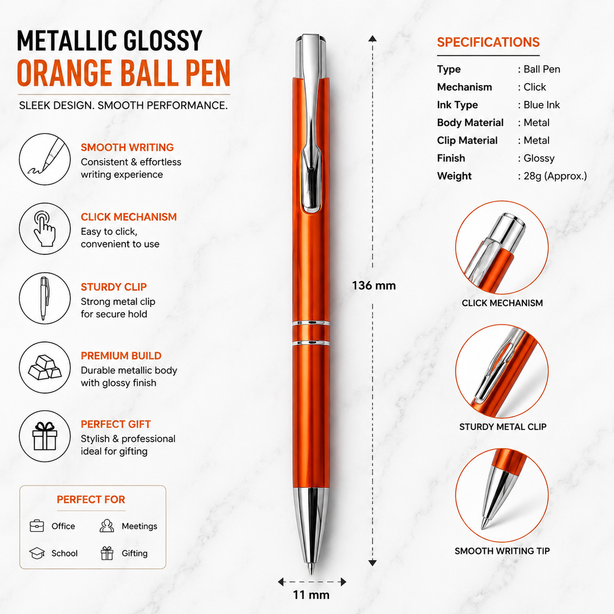 Ballpen Bazaar  Ballpen Bazaar Metallic Glossy Orange Ball Pen with Silver Clip | Click Mechanism | Blue Ink | Premium Metal Pen | 1 Pen + 1 Extra Refill with Name Engraving