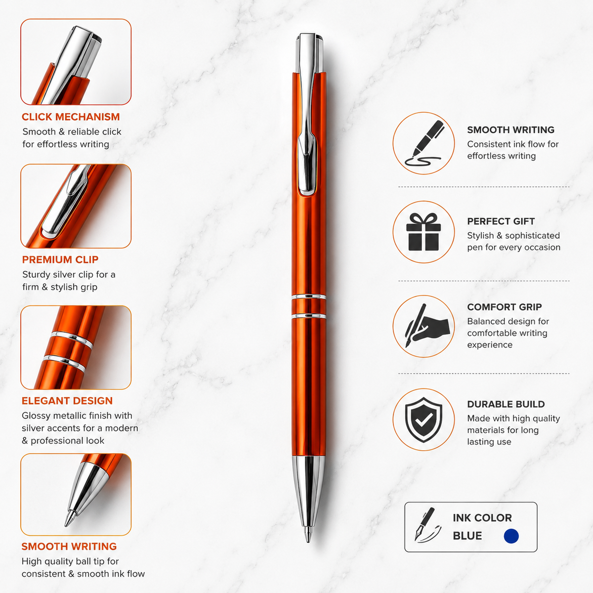 Ballpen Bazaar  Ballpen Bazaar Metallic Glossy Orange Ball Pen with Silver Clip | Click Mechanism | Blue Ink | Premium Metal Pen | 1 Pen + 1 Extra Refill with Name Engraving