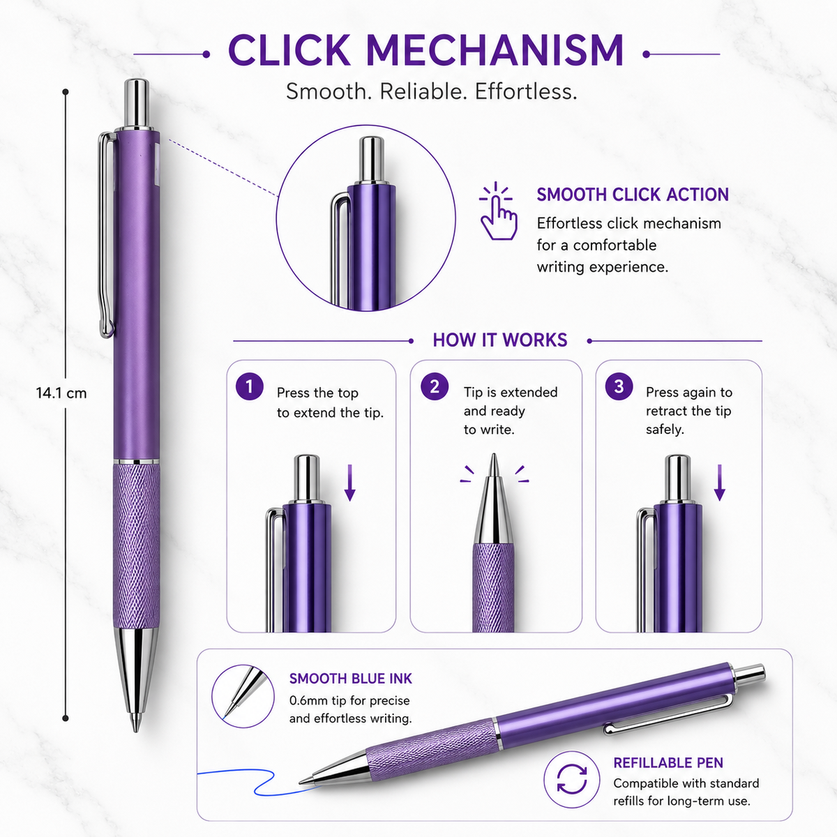 Ballpen Bazaar  Ballpen Bazaar Metallic Glossy Purple Ball Pen with Silver Clip Click Mechanism Blue Ink | 1 Pen with 1 Extra Refill with Name Engraving