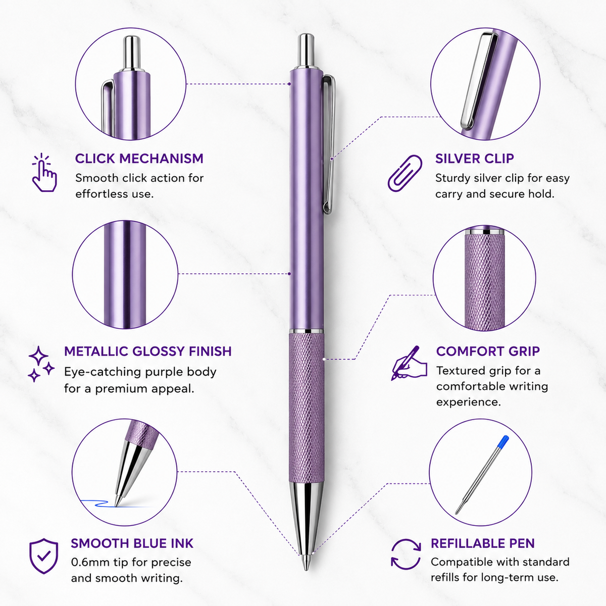 Ballpen Bazaar  Ballpen Bazaar Metallic Glossy Purple Ball Pen with Silver Clip Click Mechanism Blue Ink | 1 Pen with 1 Extra Refill with Name Engraving