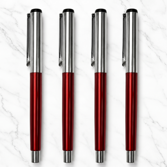 Ballpen Bazaar  Ballpen Bazaar Metallic Glossy Red Ball Pen Set of 4 | Silver Cap Openable Mechanism | Smooth Blue Ink Writing Pens | Premium Metal Ball Pens for Office School Business Gift with Name Engraving