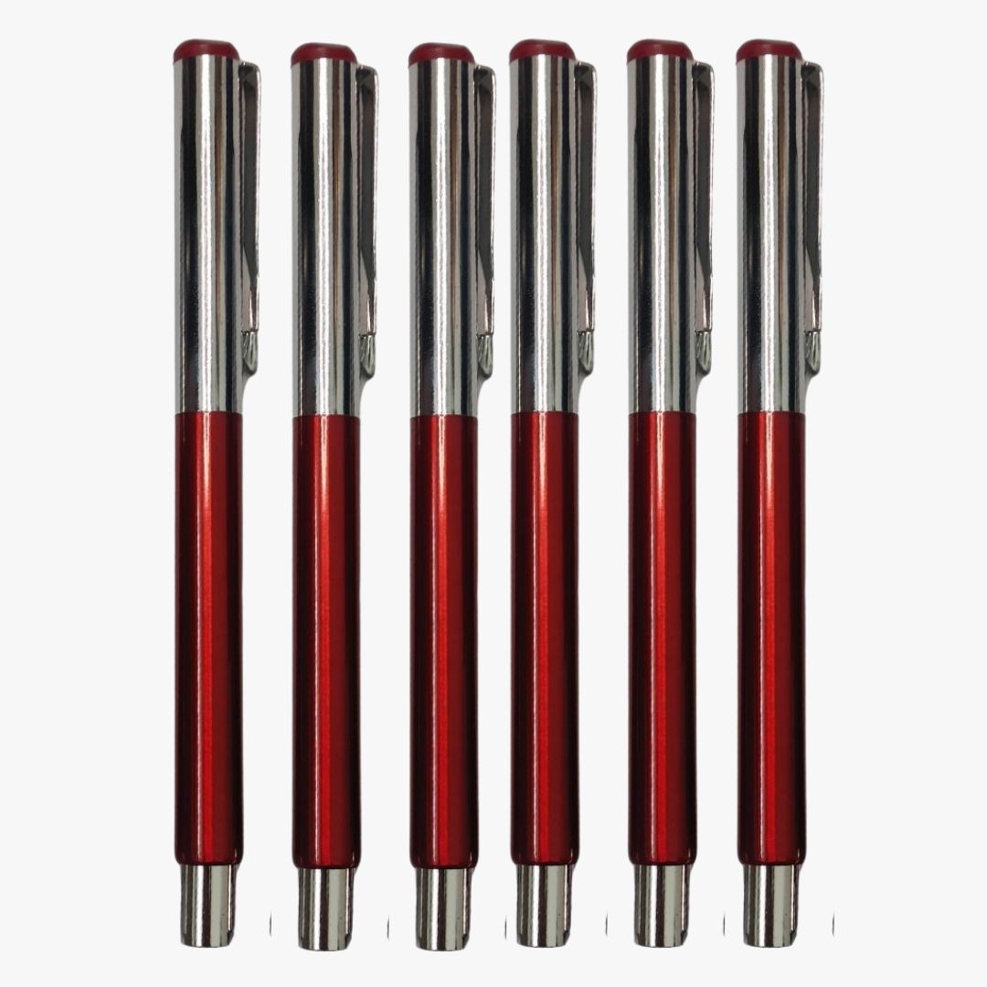 Ballpen Bazaar  Ballpen Bazaar Metallic Glossy Red Ball Pen Set of 6 with Silver Cap | Openable Mechanism | Blue Ink | Includes 6 Extra Refills | Premium Metal Pens for Office, Business, Students & Gifting with Name Engraving