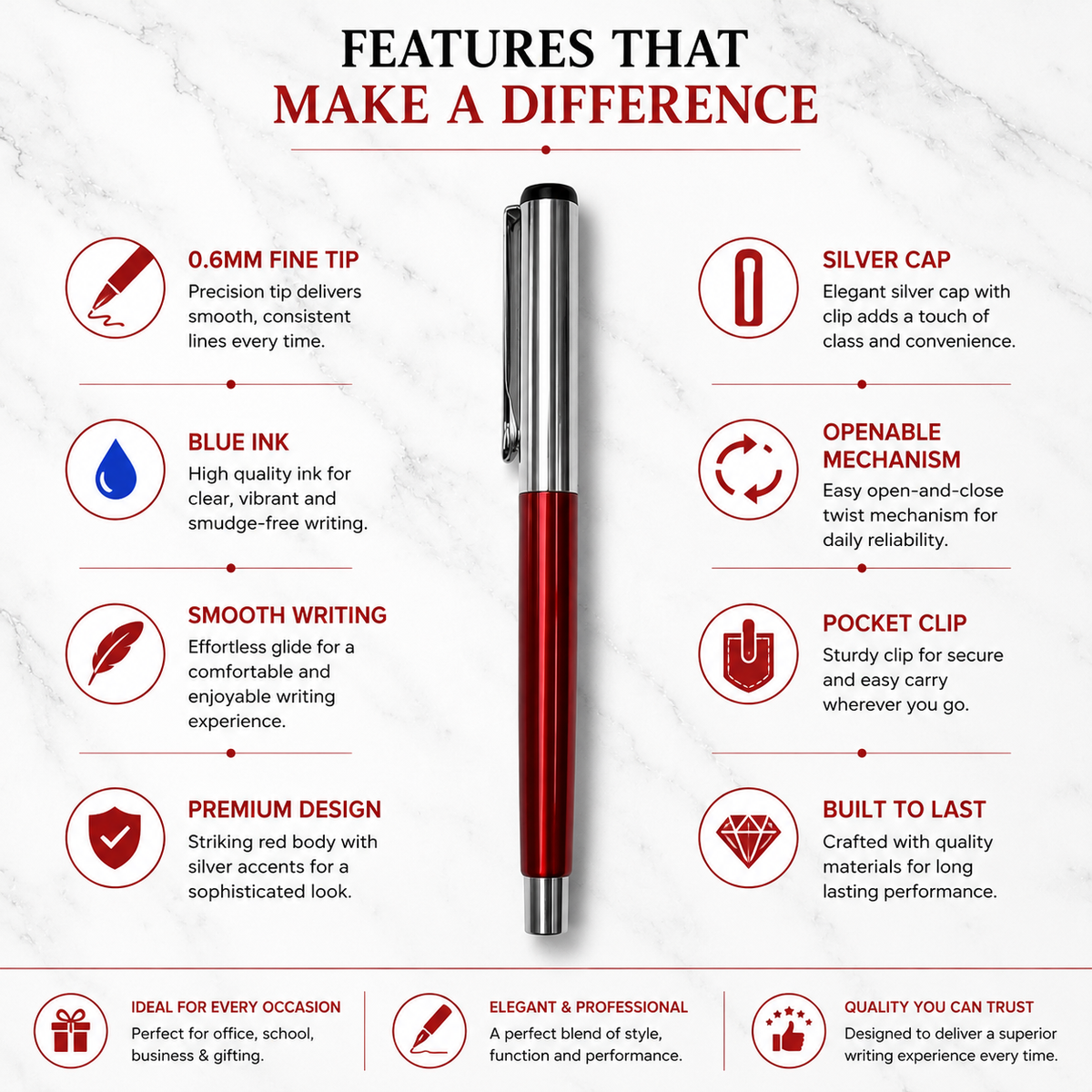 Ballpen Bazaar  Ballpen Bazaar Metallic Glossy Red Ball Pen with Silver Cap | Openable Mechanism | Blue Ink | Premium Metal Pen | 1 Pen with 1 Extra Refill with Name Engraving