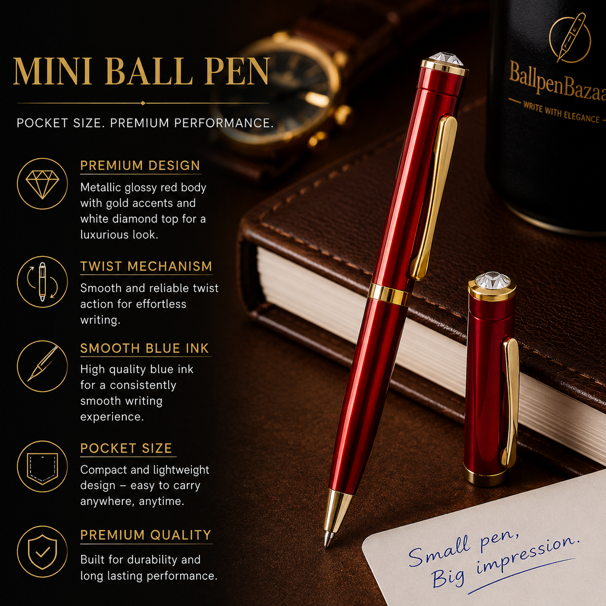 Ballpen Bazaar  Ballpen Bazaar Metallic Glossy Red Mini Ball Pen with Gold Clip & Diamond Top | Twist Mechanism | Blue Ink | 1 Pen with 1 Extra Refill with Name Engraving